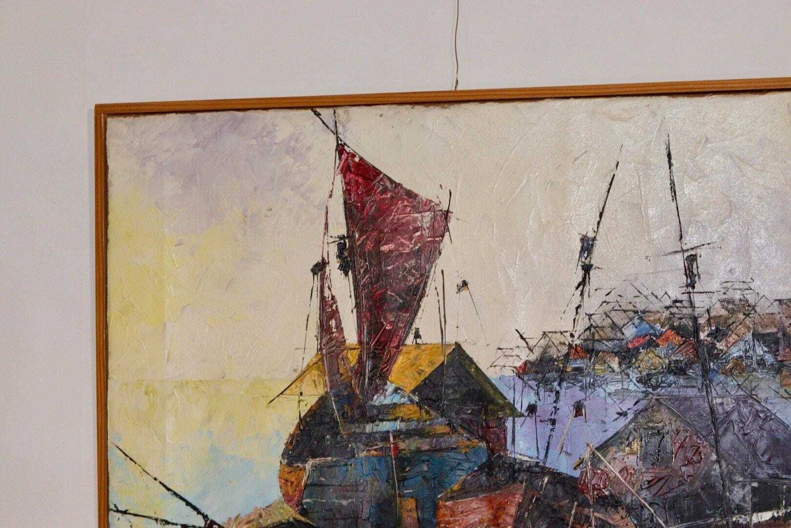 Mid Century Original Swedish Oil On Canvas "Boats And Houses" – R. Lindstedt – Vintage & Framed, 43 X 53 Cm / 16.9 X 20.9 In photo buy