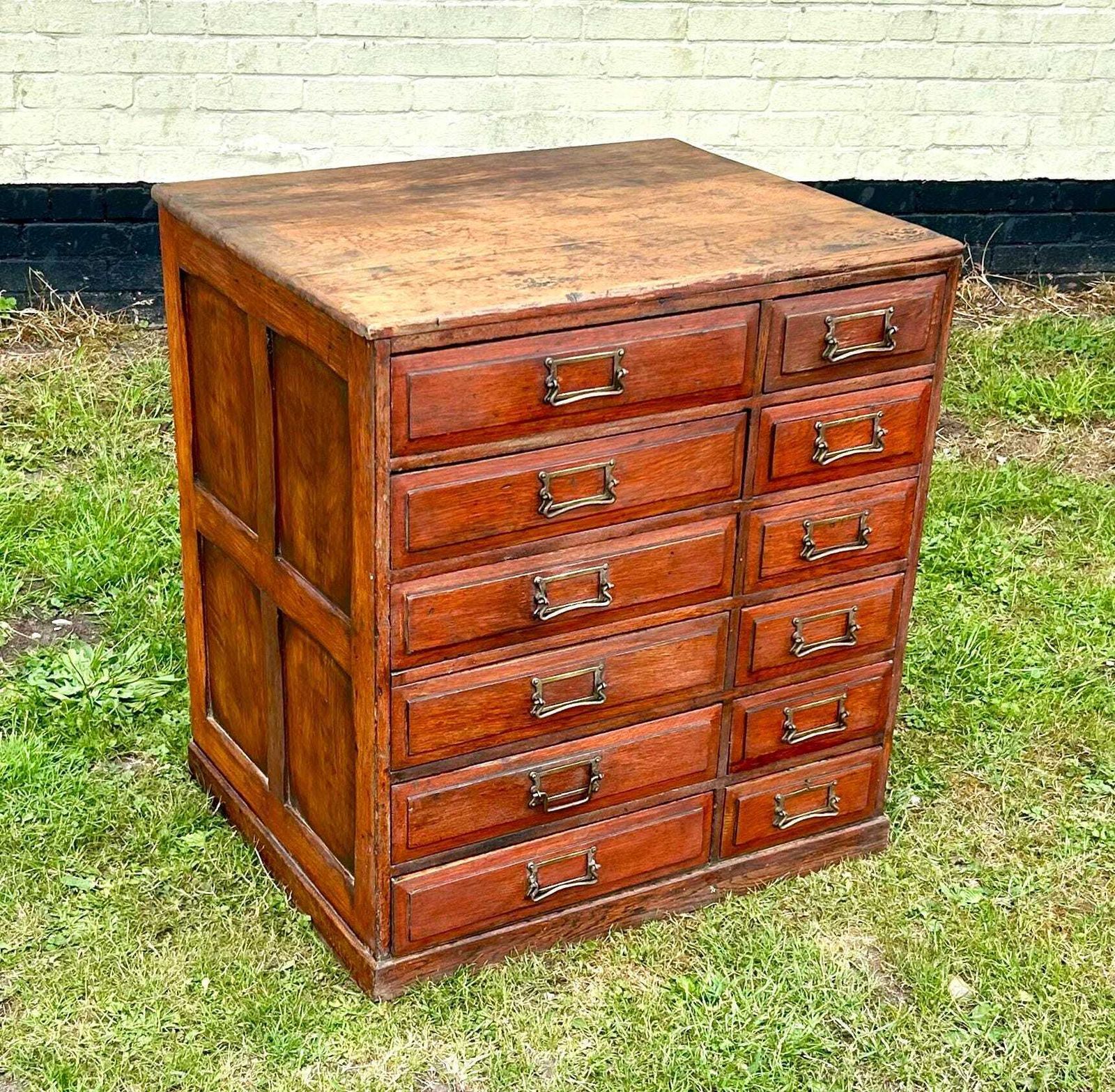 1900s 12 Drawer Gothic Oak Filing Cabinet Bedside Wooden Desk Industrial Antique Vintage Haberdashery Library Office Victorian photo furniture