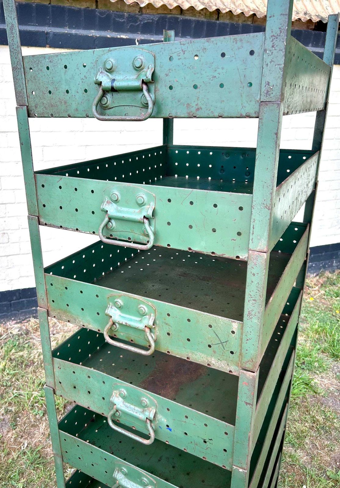 1940s Green Steel 8 Tier Trays Drawer Industrial Cabinet Box Desk Metal Kitchen Chest Of Garage Antique Vintage Unit Shelves photo vintage