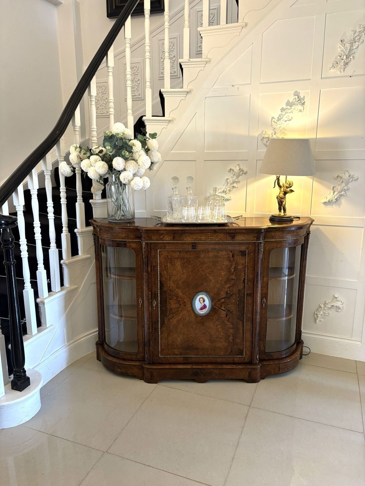 4495.0 Outstanding Quality Antique 19th Century Inlaid Burr Walnut Porcelain Mounted Credenza photo