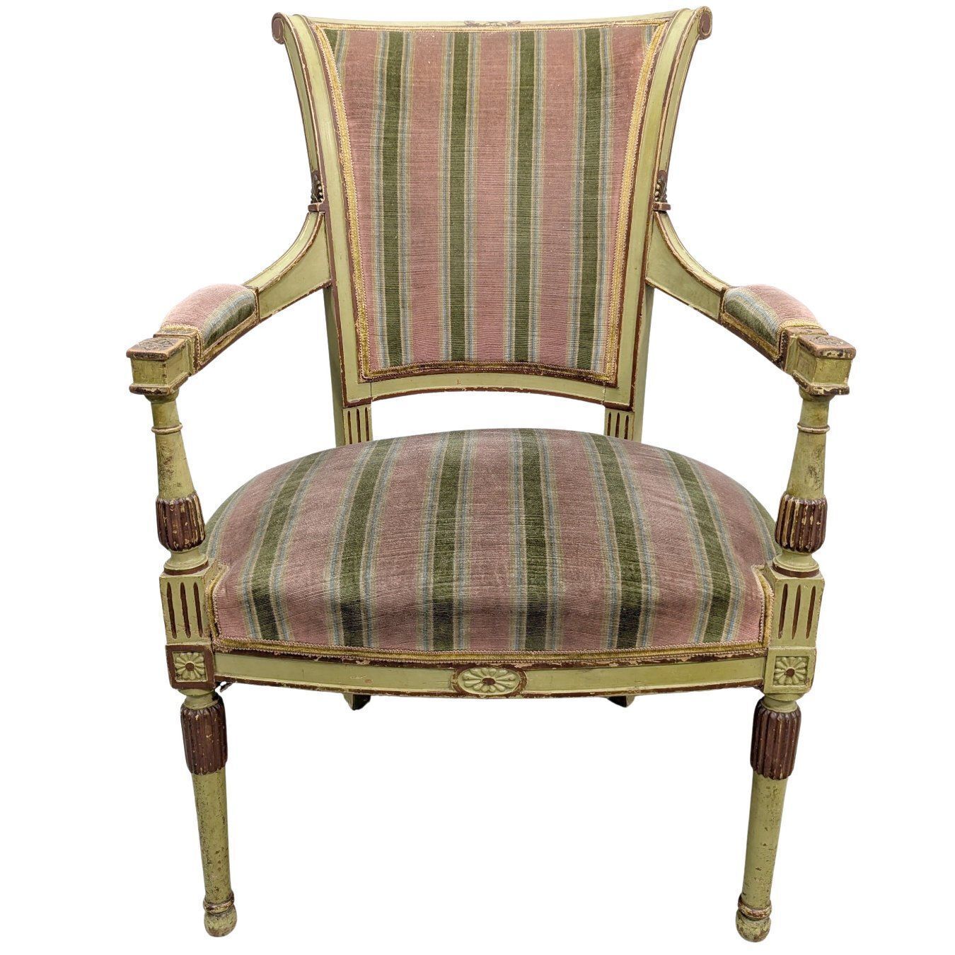 Pair Of Directoire Style Armchairs, Lacquered And Painted, With Green Velvet Tops photo for sale