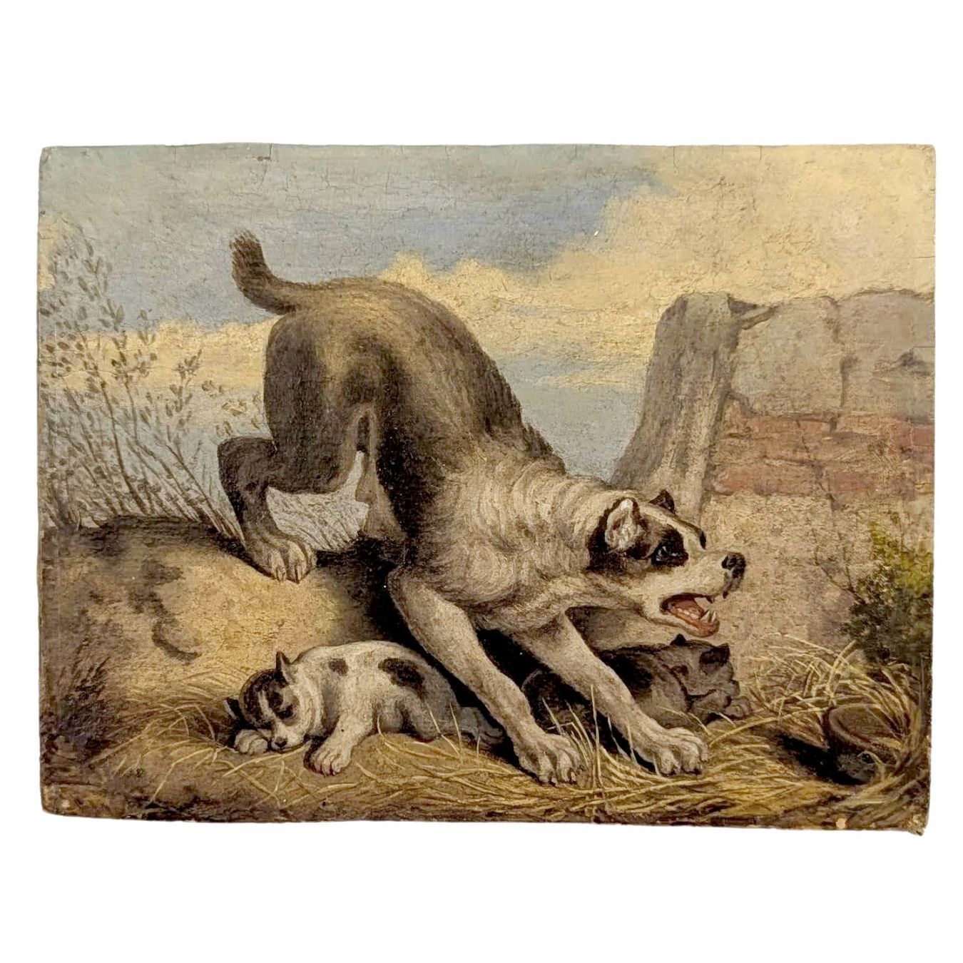 Oil On Wood Restoration Of A Dog Defending Her Puppy