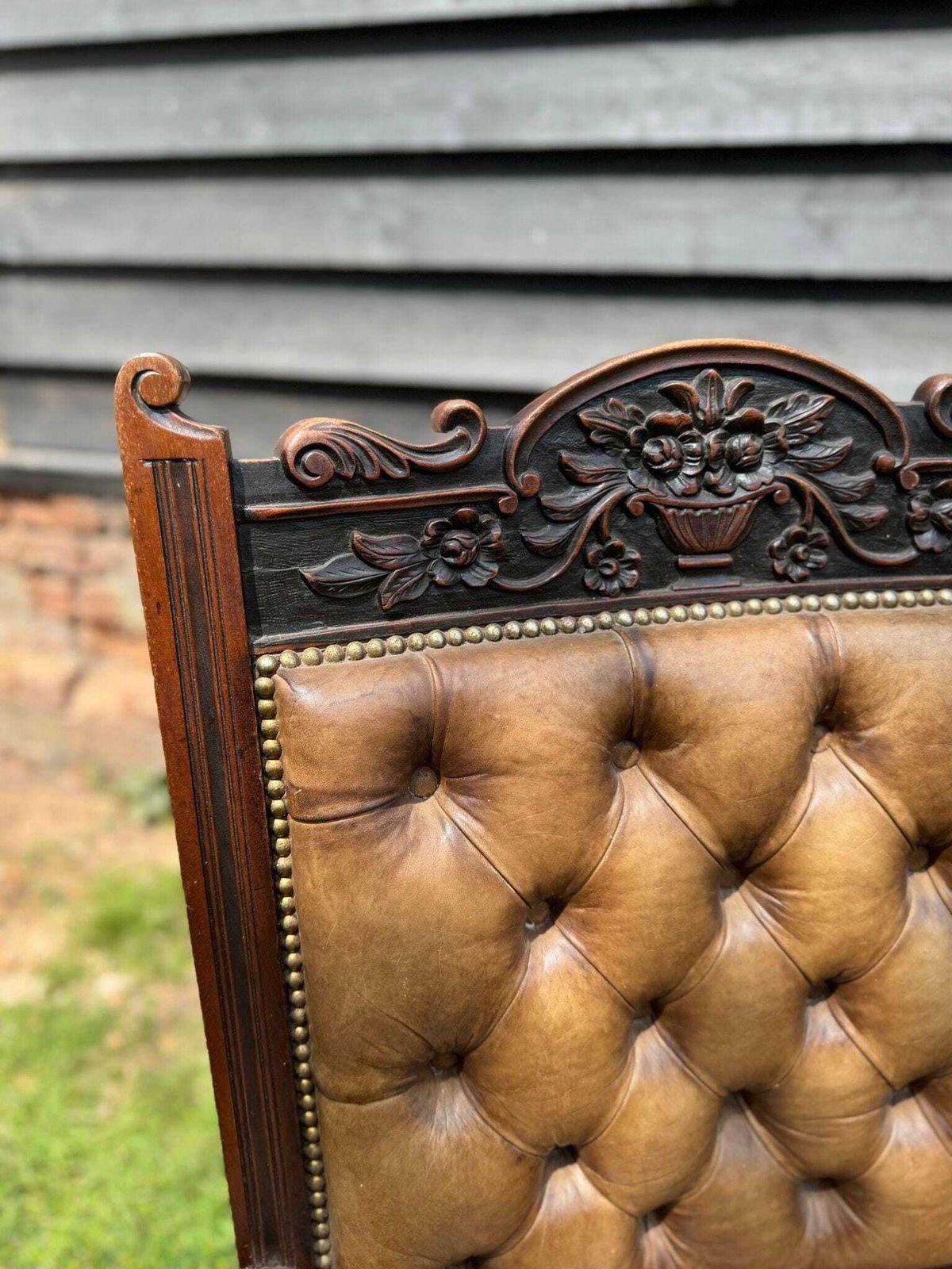 Victorian Carved Walnut & Leather Library Chair Button Back Fireside Armchair photo Furniture