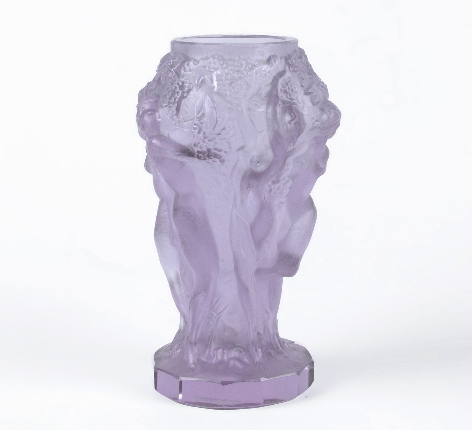 Art Déco Czech Translucent Pinkish Art Glass Small Vase Decorated With Nude Figures From The 'Ingrid' Collection By Curt Schlevogt photo for sale