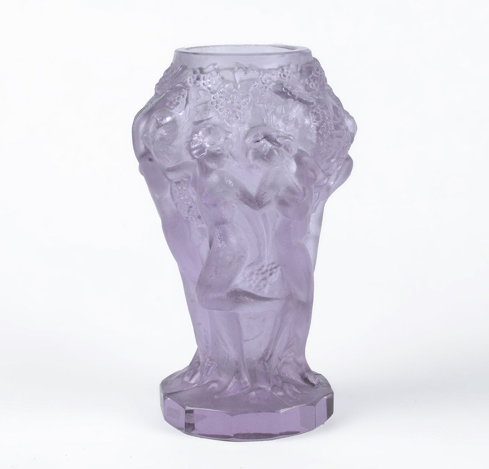Art Déco Czech Translucent Pinkish Art Glass Small Vase Decorated With Nude Figures From The 'Ingrid' Collection By Curt Schlevogt