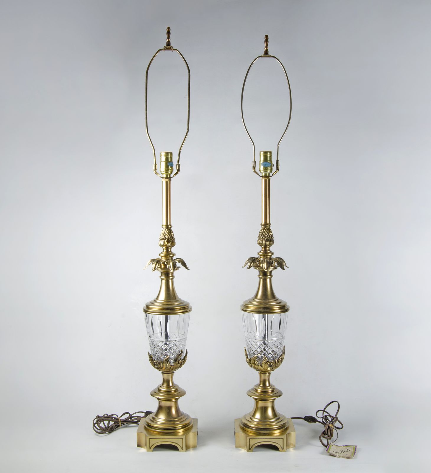 Pair Of Mid Century Modern Golden Brass And Glass Table Lamps By Stiffel, United States