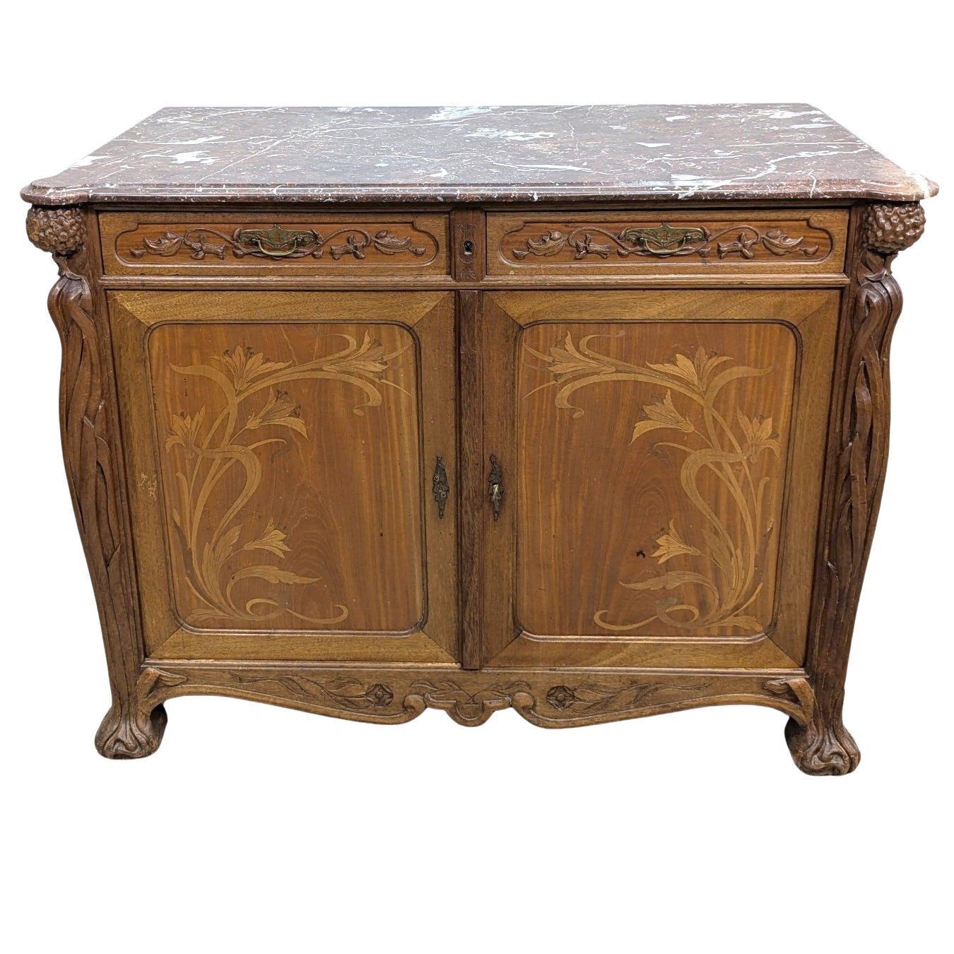 Superb High Art Nouveau Sideboard From 1900, Inlaid And Carved