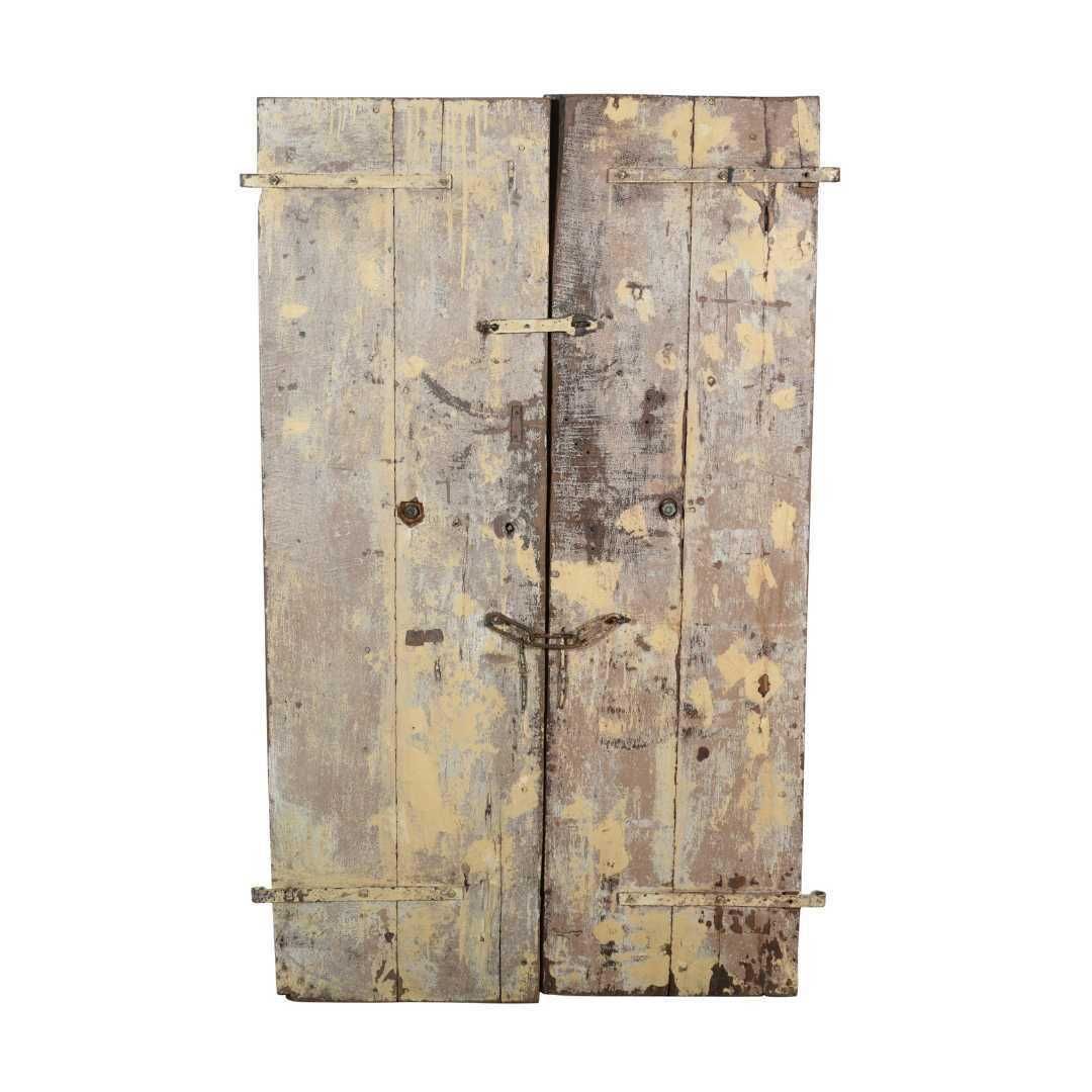 Antique Distressed Cream & Charcoal Teak Indian Doors, 1880s, Vintage Gujarat Salvage photo Home Fixtures