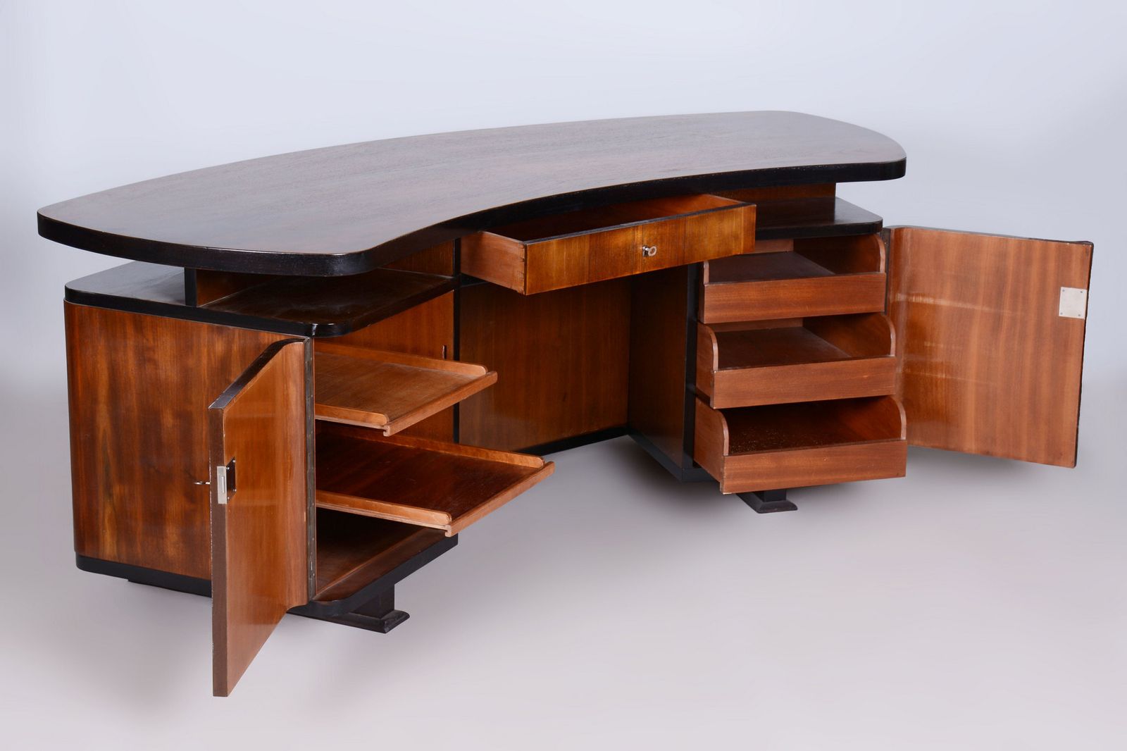 Restored Art Deco Writing Desk, By J. Divíšek, Repolished, Walnut, Czech, 1930s photo vintage