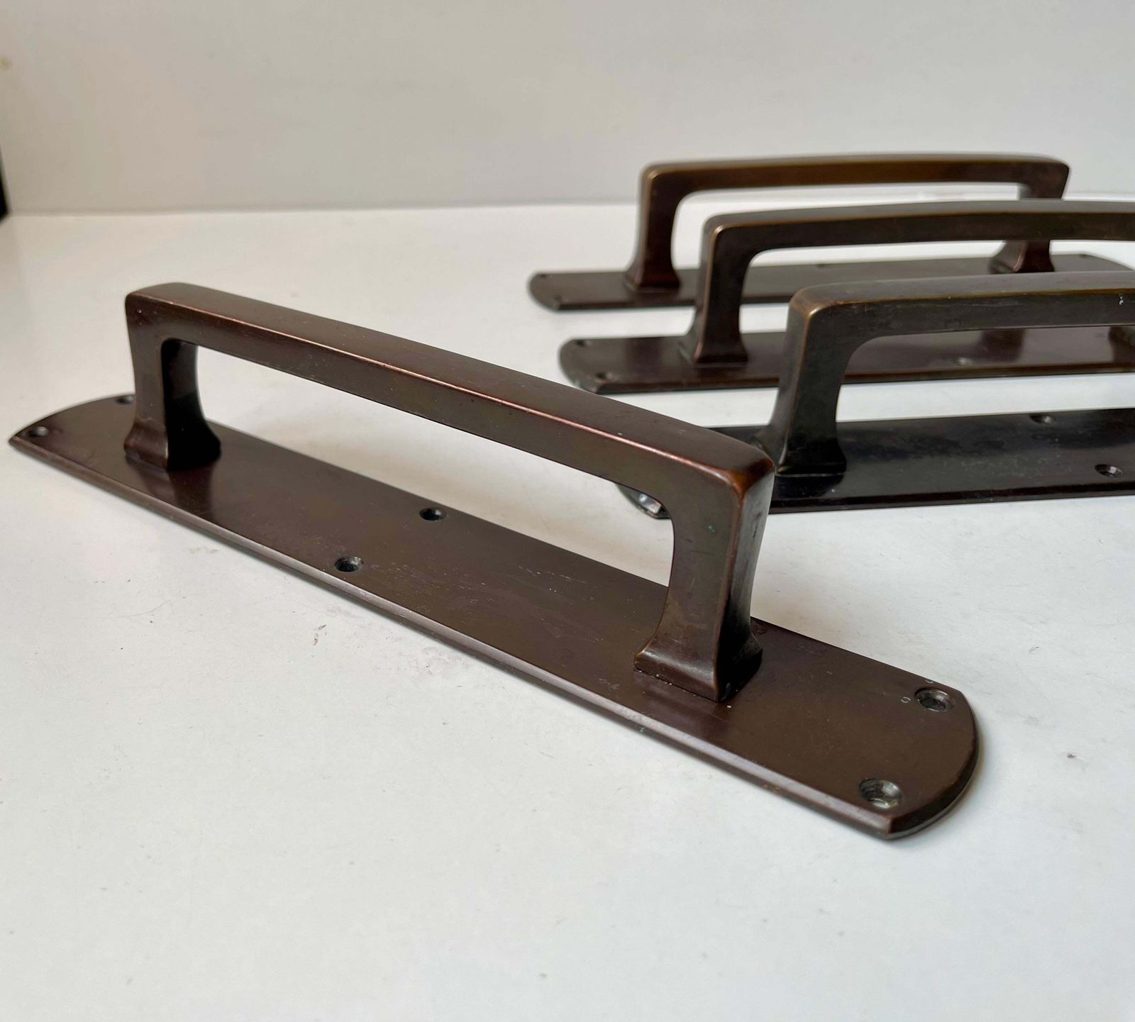 Bauhaus Style Bank Door Or Gate Handles In Bronze, 1930s, Set Of 4 photo for sale