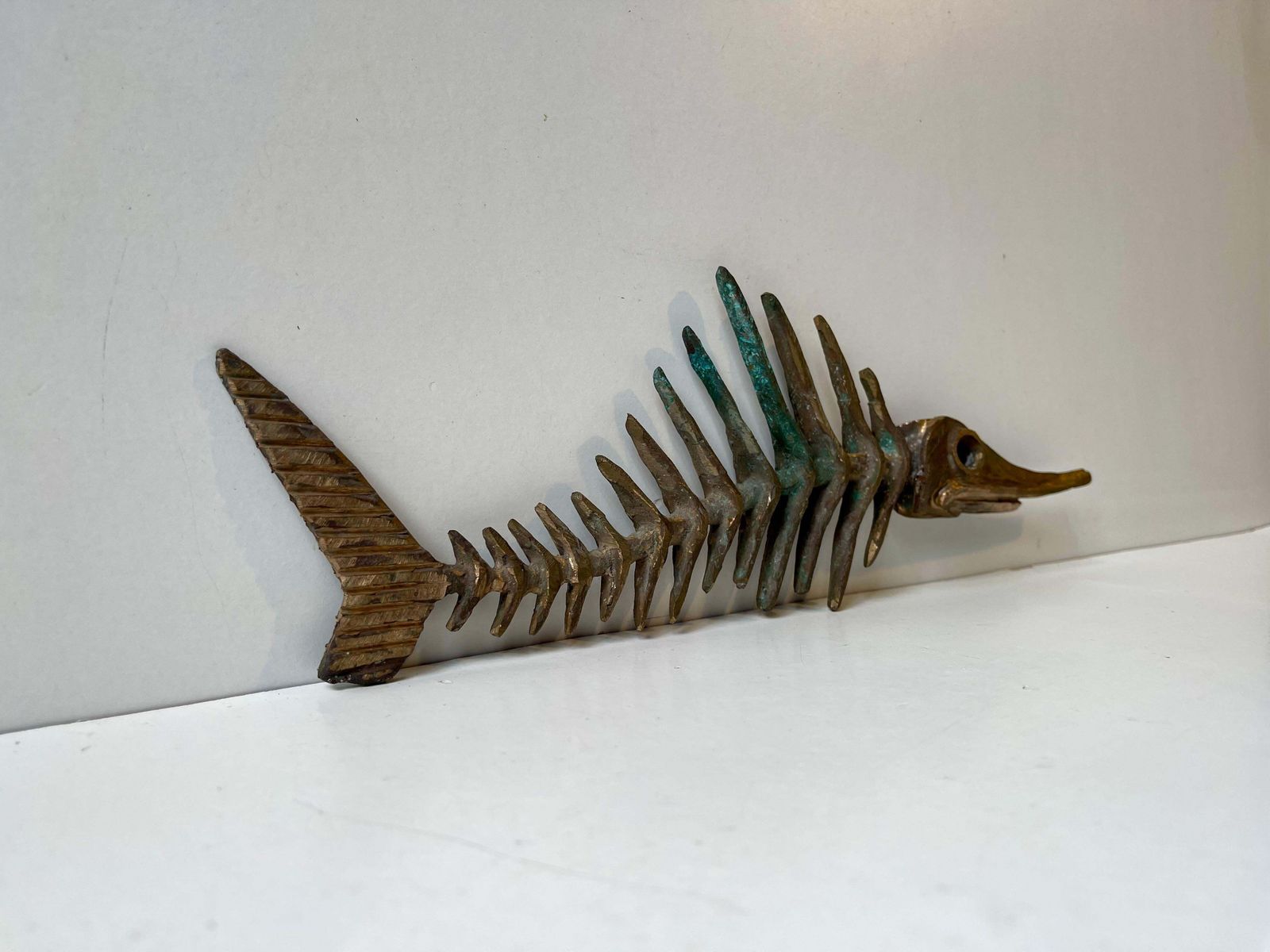 Danish Artist Peder E. Madsen Brutalist Primeval Sword Fish Skeleton In Bronze photo for sale