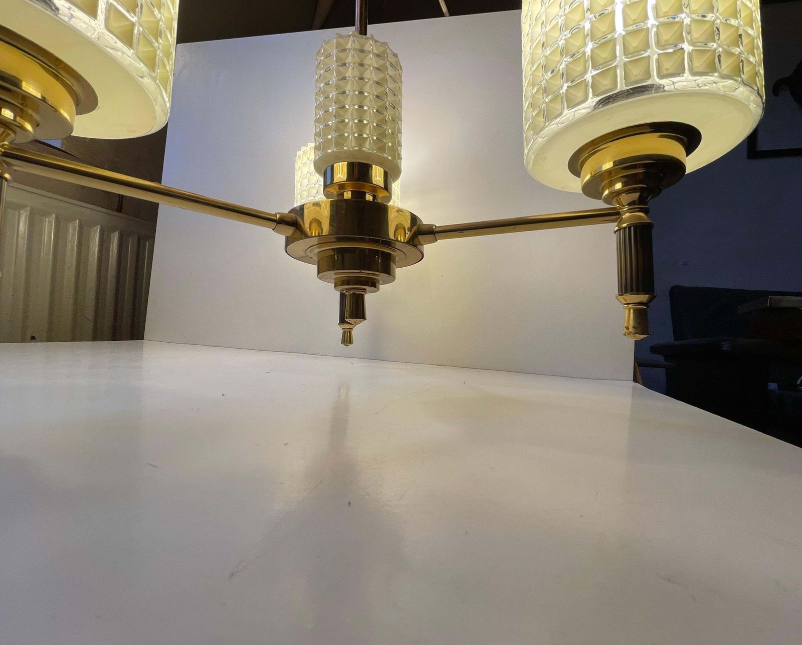 Scandinavian Modern Chandelier In Brass & Waffle Glass, 1960s photo for sale