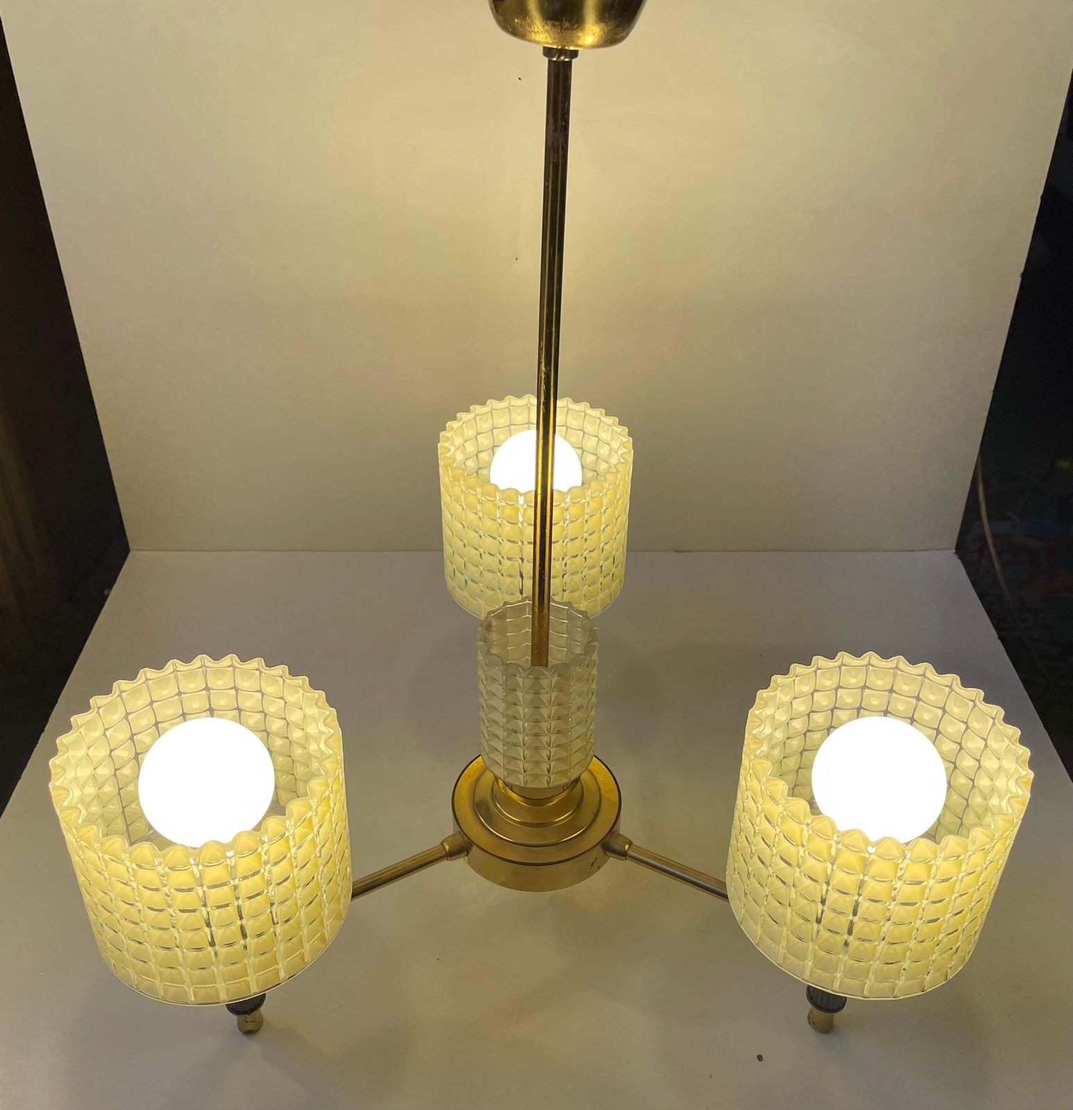 Scandinavian Modern Chandelier In Brass & Waffle Glass, 1960s photo Lighting