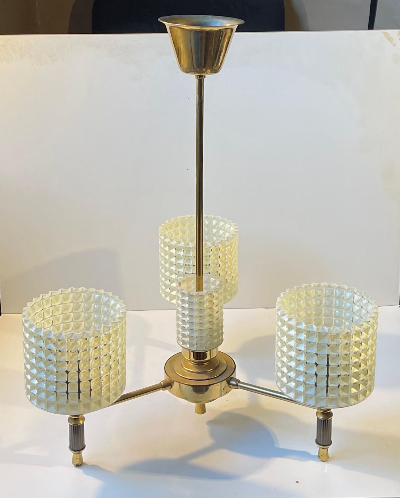 Scandinavian Modern Chandelier In Brass & Waffle Glass, 1960s photo 496.0