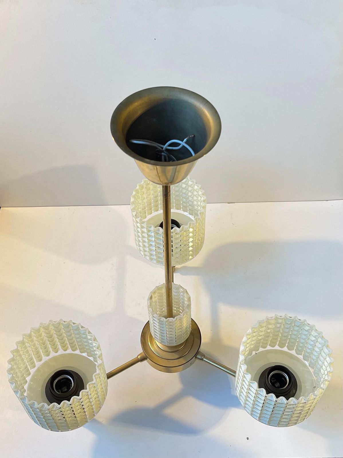 Scandinavian Modern Chandelier In Brass & Waffle Glass, 1960s photo vinterior
