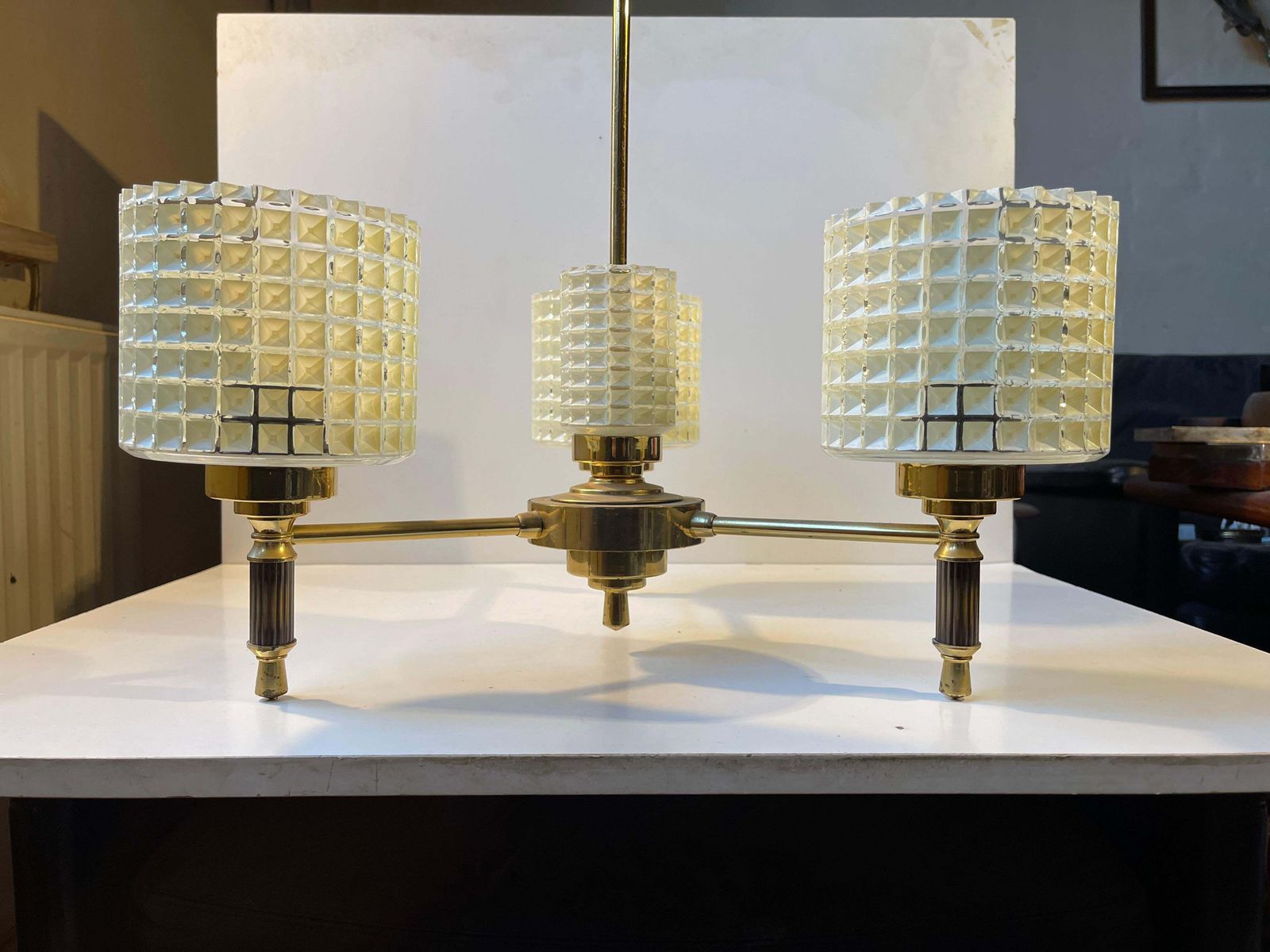Scandinavian Modern Chandelier In Brass & Waffle Glass, 1960s photo vintage