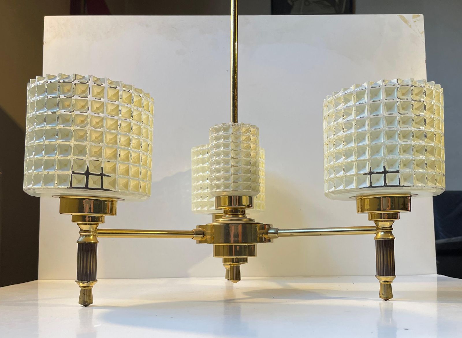 photo for sale Scandinavian Modern Chandelier In Brass & Waffle Glass, 1960s