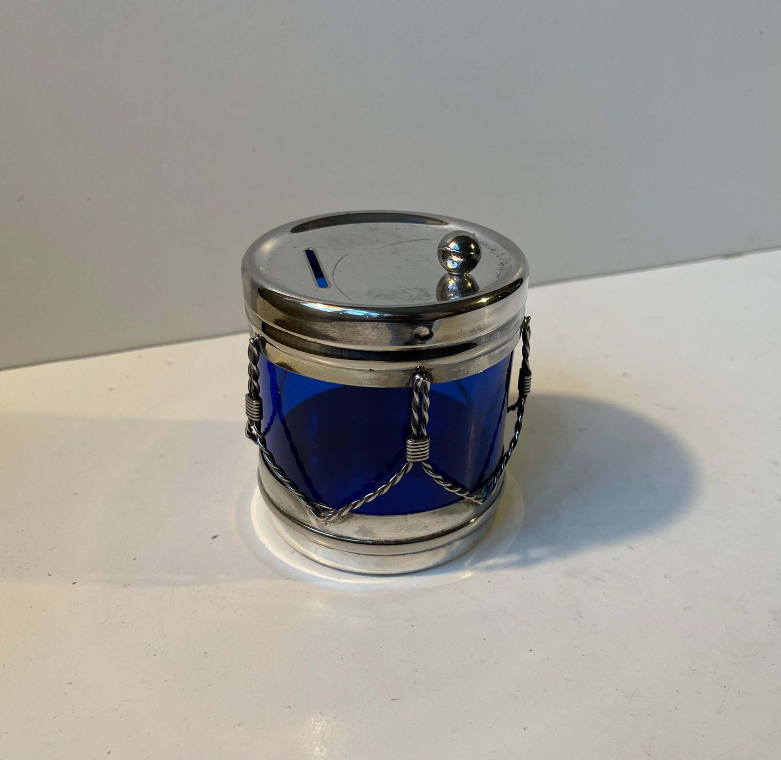 Vintage Money Bank Drum In Blue Glass & Silver Plate, 1970s photo Home Decor