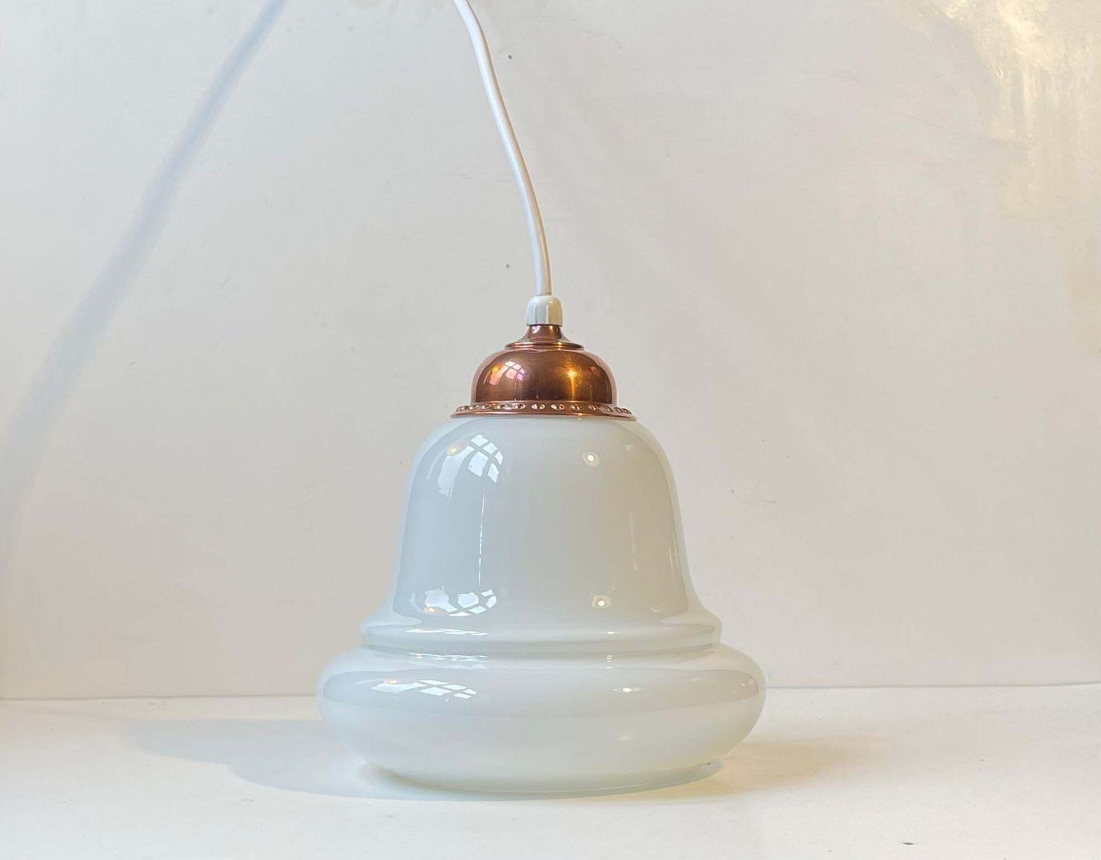 Danish Functionalist Bell Pendant Lamp In Opaline Glass & Copper By Holmegaard photo 396.0