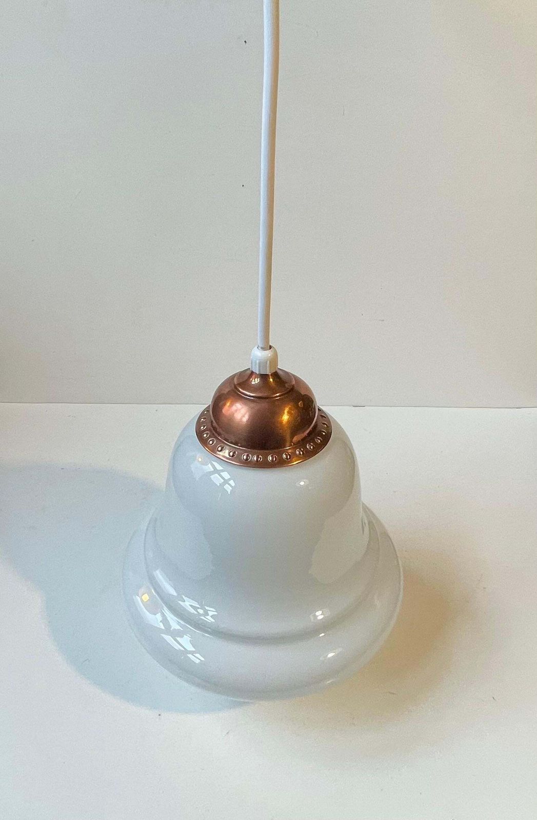 Danish Functionalist Bell Pendant Lamp In Opaline Glass & Copper By Holmegaard photo vintage