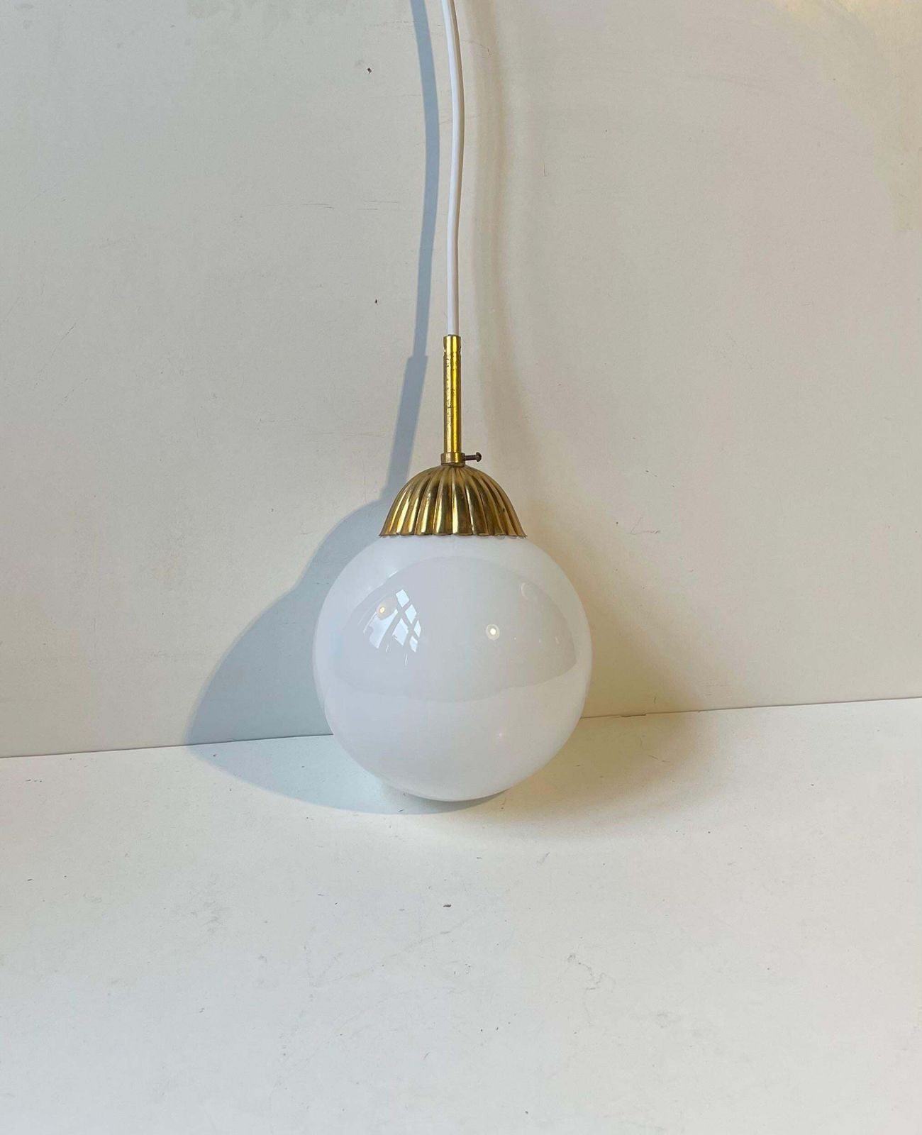 Scandinavian Art Deco Globe Pendant Lamp In White Opaline Glass & Brass photo furniture