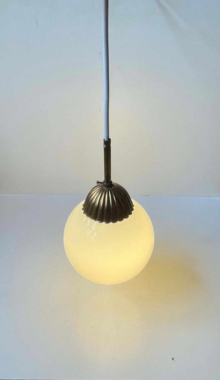 Scandinavian Art Deco Globe Pendant Lamp In White Opaline Glass & Brass photo Lighting