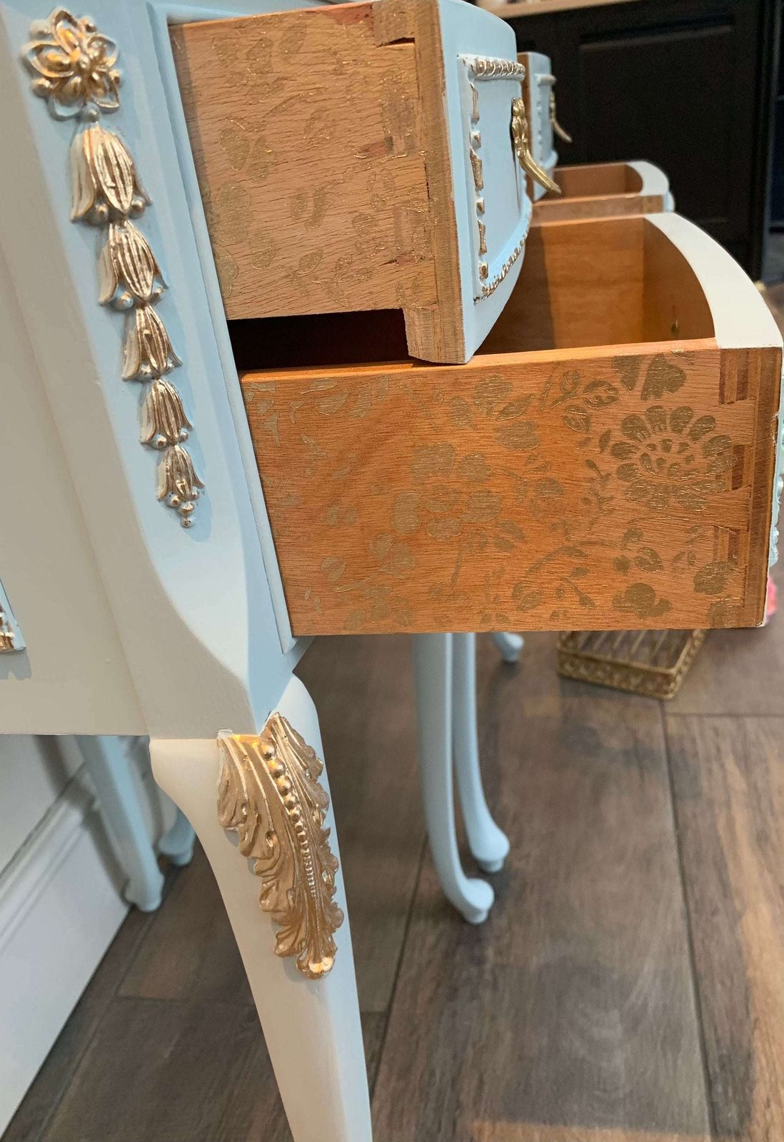 Ornate Louis French Bedside Tables Baby Blue photo Furniture
