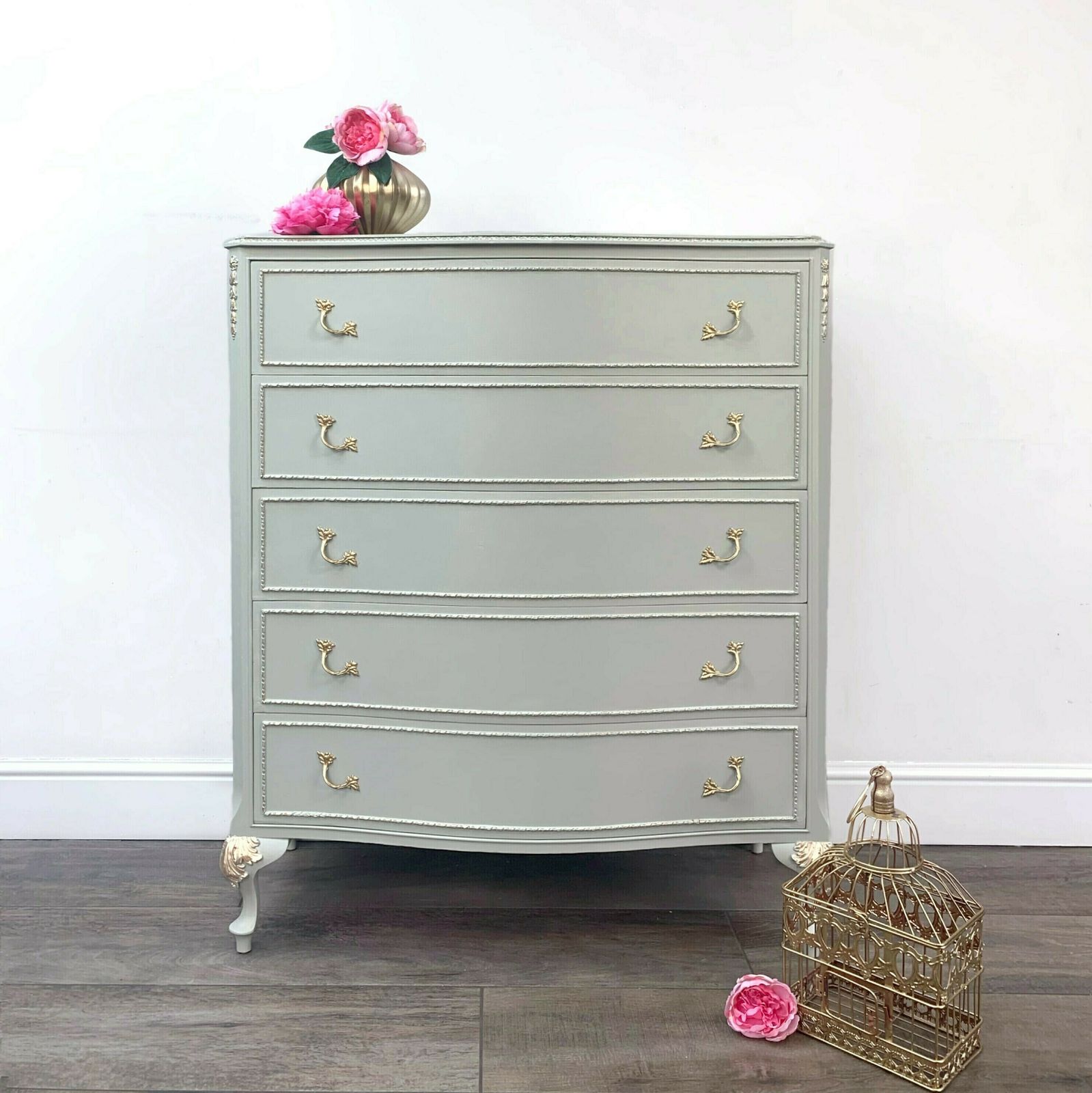 Chest Of Drawers, Olympus Louis Tallboy Chest Of Drawers Bedroom Storage In Light Green, 5 Drawers. I Can Paint In Any Colour