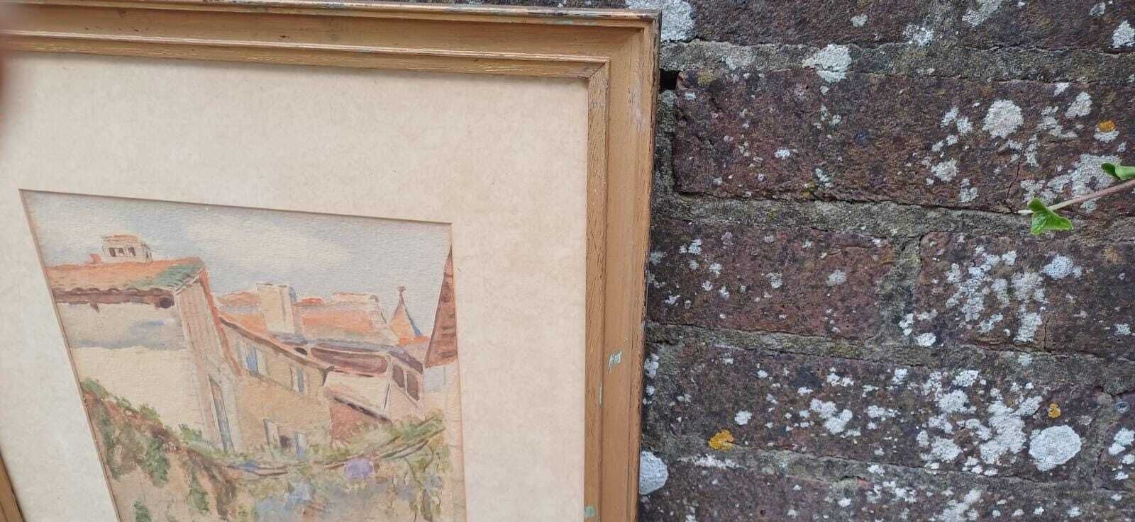 Vintage Mediterranean Watercolour – Sunlit Courtyard Street Scene In Rustic Frame, Tuscan/Provençal Street Painting (C.1950s–70s) photo buy