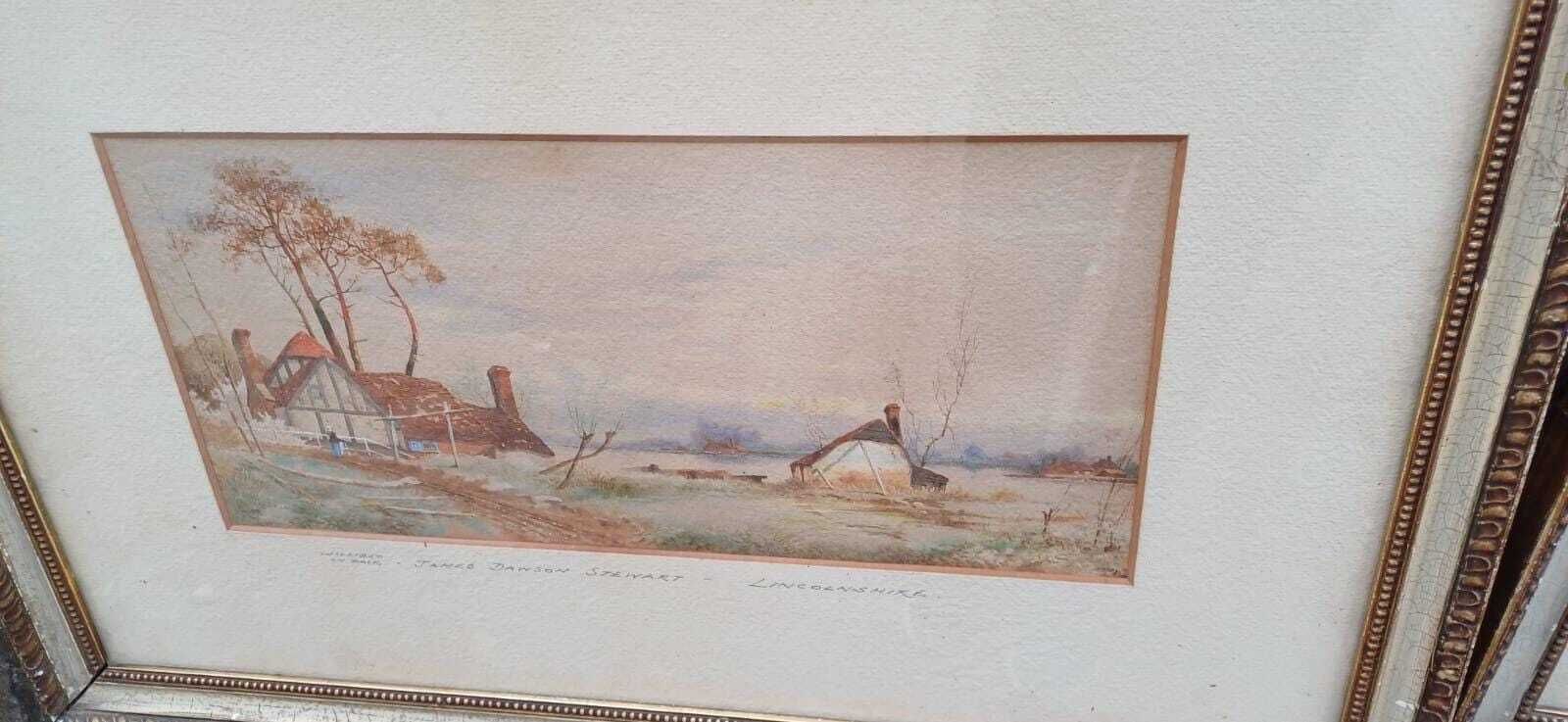 English Countryside Watercolours By J.D. Stewart – Lincolnshire Views In Vintage Frames, Rural Cottage Landscapes (Pair, C.1920s) photo Art
