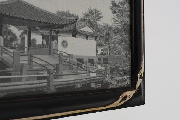 Framed Artwork On Silk Of A Chinese Waterside Tea House, France, 1910 photo buy