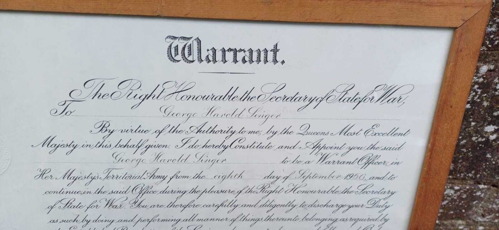 1957 British Army Warrant – George H. Singer Appointment As Territorial Army Officer, Original Military Document, Framed & Embossed photo furniture