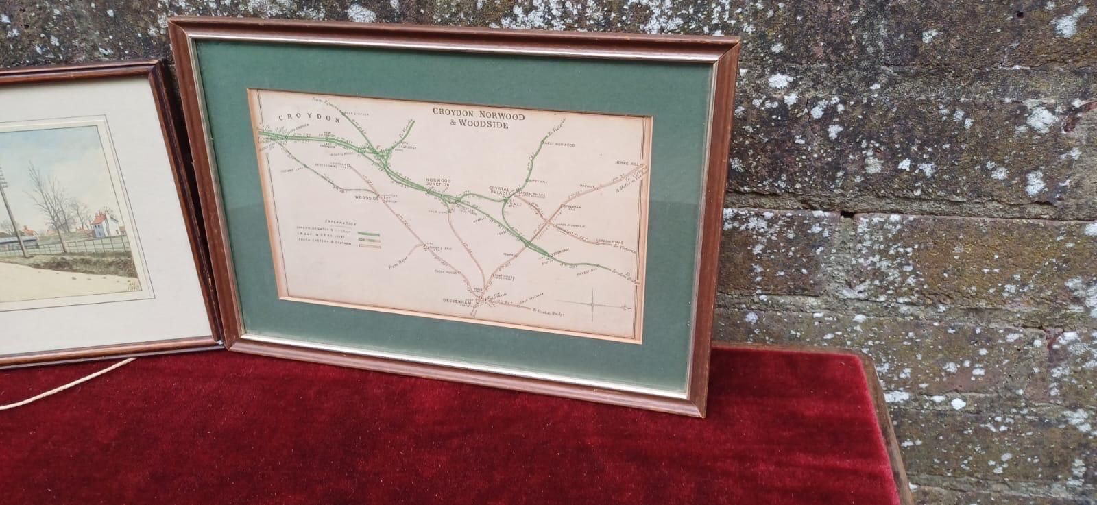 Pair Of Croydon Historic Pictures– 1913 Addington Village Watercolour And Vintage Railway Map Of Croydon, Norwood & Woodside (Framed Set) photo buy