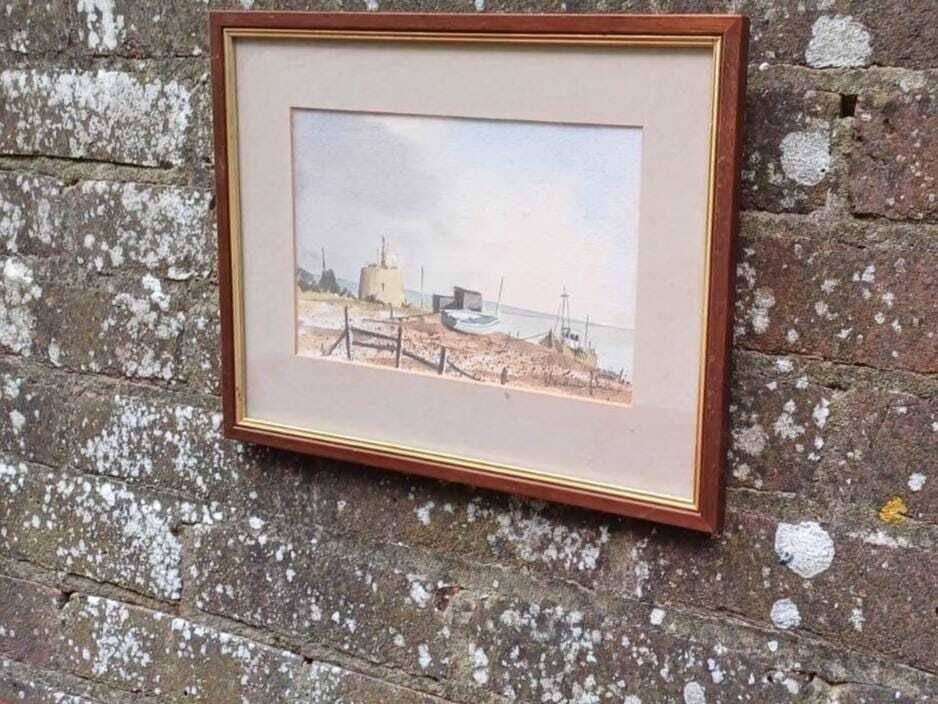 Original Coastal Watercolour By Andrew John – Martello Tower & Beached Boats, Framed Maritime Painting, photo furniture