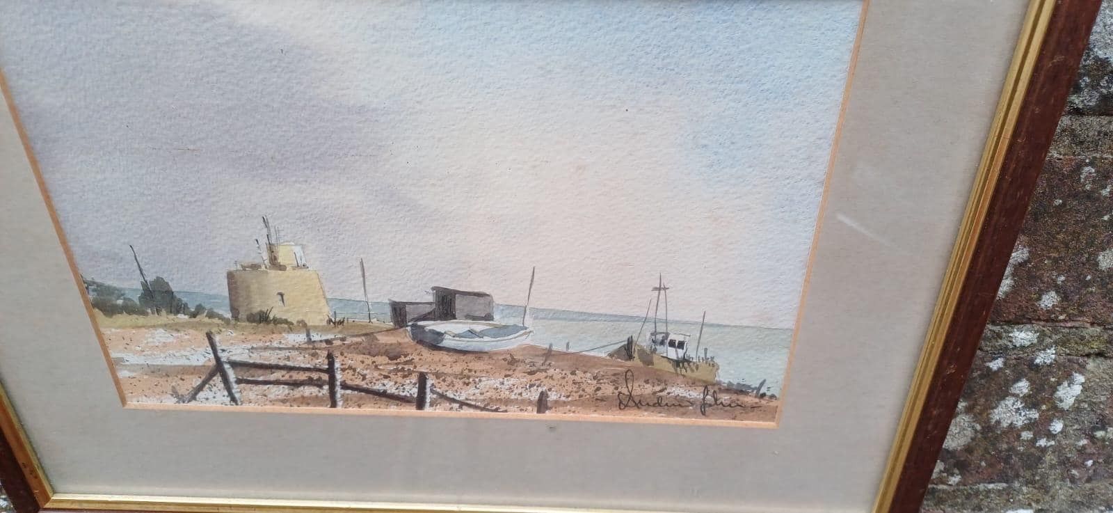 Original Coastal Watercolour By Andrew John – Martello Tower & Beached Boats, Framed Maritime Painting, photo Art