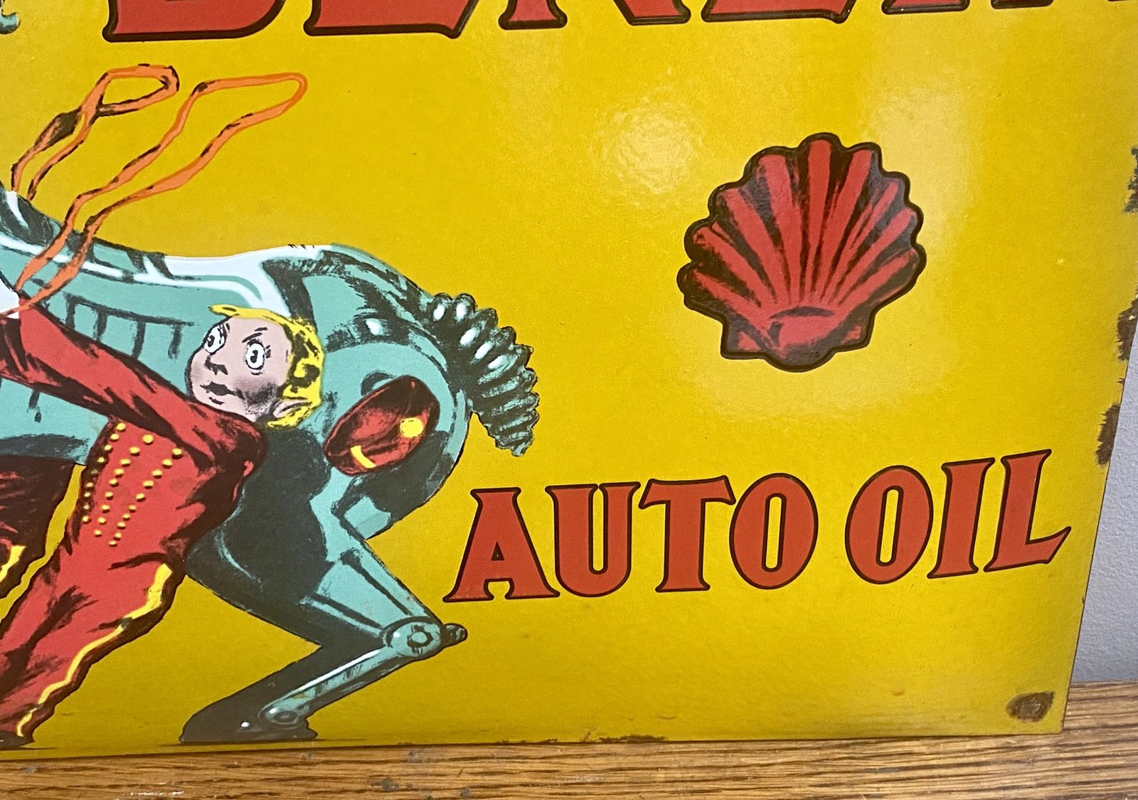 395.0 Vintage Shell Benzin Auto Oil Large Enamel Metal Garage Sign Gas Petrol Station Dealership Dealer Royal Dutch Shell Bp Esso Benzole Huiles Car Art photo