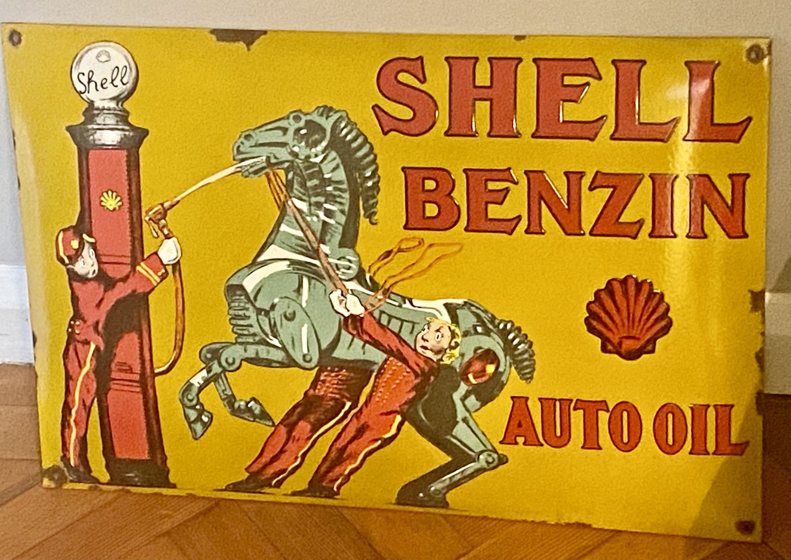 Vintage Shell Benzin Auto Oil Large Enamel Metal Garage Sign Gas Petrol Station Dealership Dealer Royal Dutch Shell Bp Esso Benzole Huiles Car Art