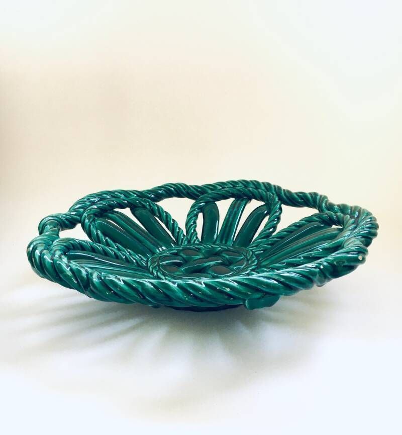 Midcentury Art Ceramics Green Braided Woven Bowl By Vallauris, France 1950's photo furniture