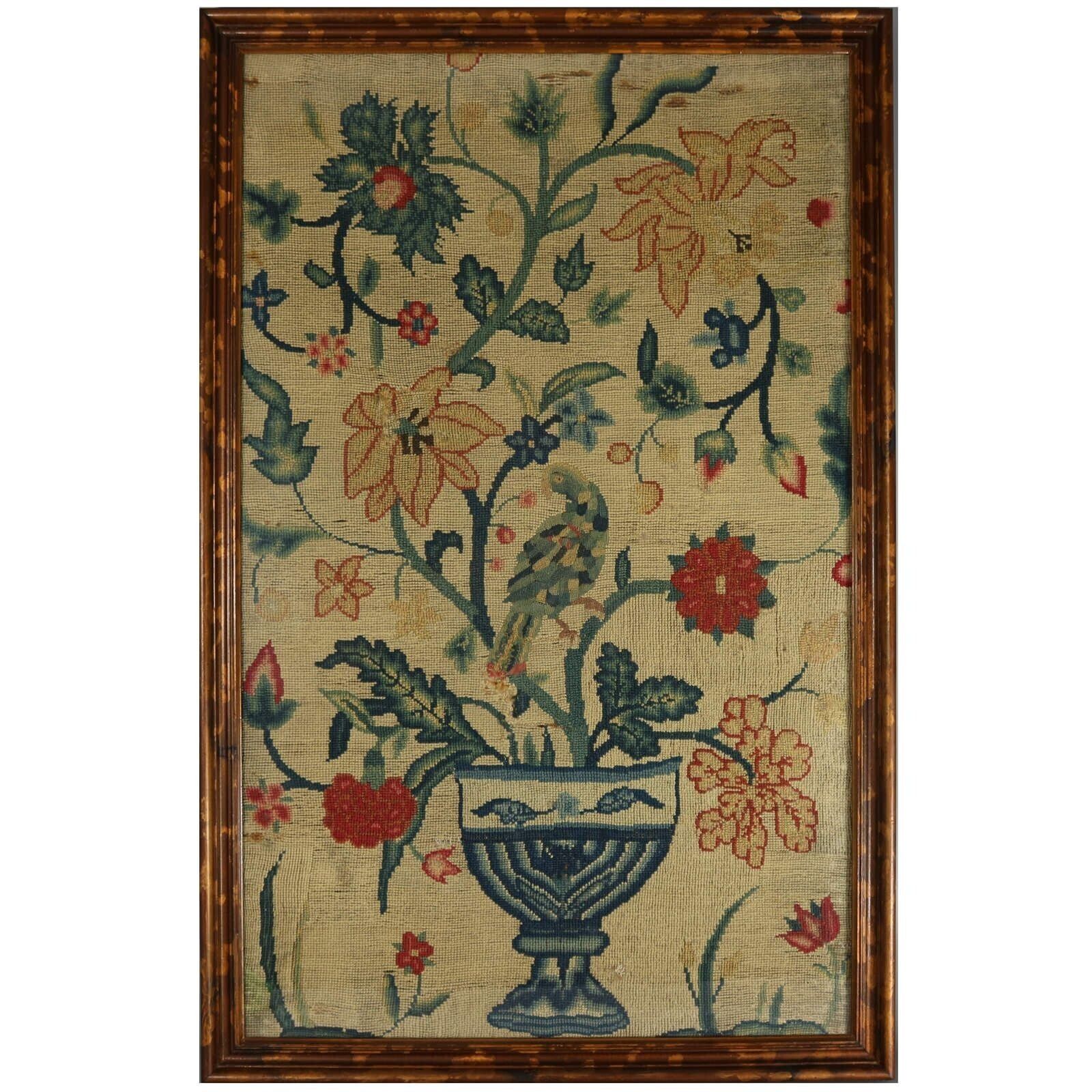 17thc Gros Point Embroidery   Vase Of Flowers With A Bird