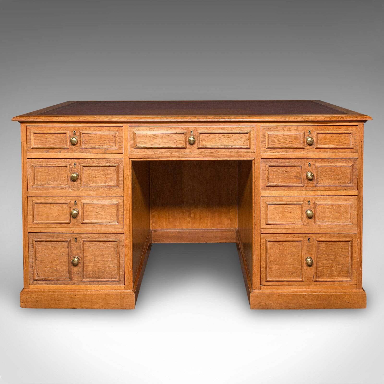 Large Vintage Bespoke Kneehole Desk, English, Oak, Writing Table, Mid Century photo for sale