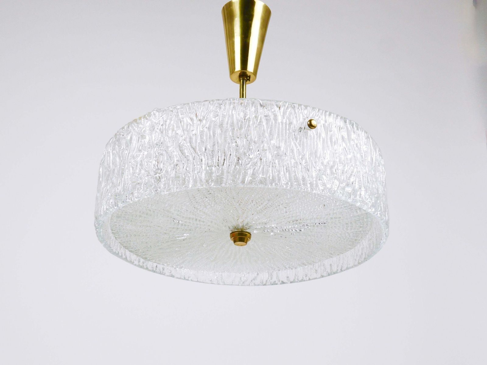 J.T. Kalmar Round Textured Glass Ring & Brass Chandelier, Pendant Lamp, 1950s photo 1557.0