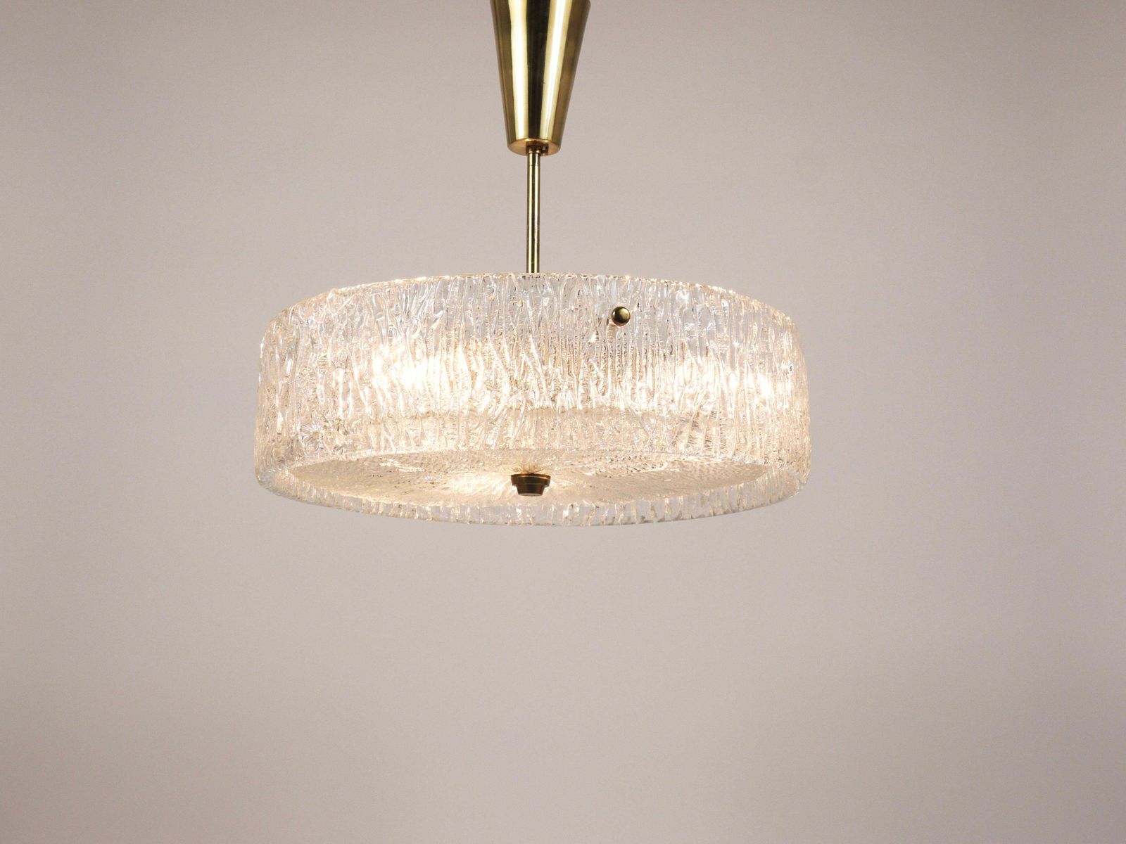 1557.0 J.T. Kalmar Round Textured Glass Ring & Brass Chandelier, Pendant Lamp, 1950s photo