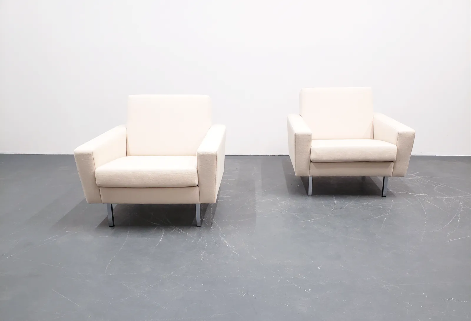 Set Of Two   German Club Lounge Chairs – Ivory Wool Upholstery, Chrome Legs photo 2000.0