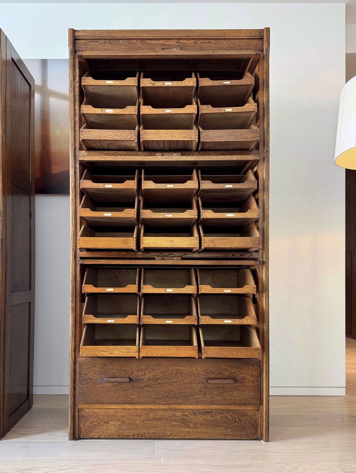 Furniture Exceptional Vintage 1930s English Oak Haberdashery Cabinet By Dudley & Co. photo