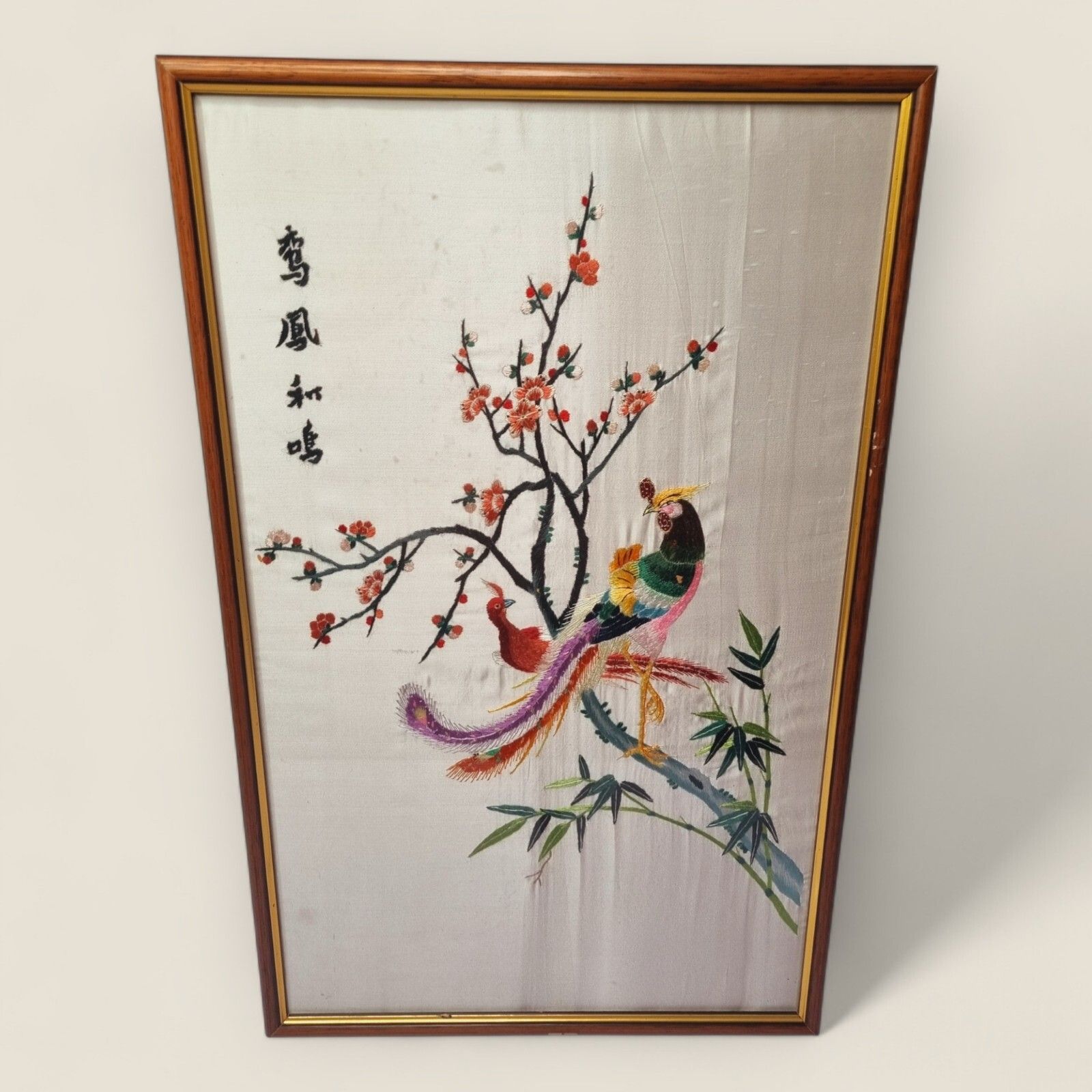 Vintage Chinese Silk Art Embroidery Wall Art Framed Phoenix Bird photo furniture