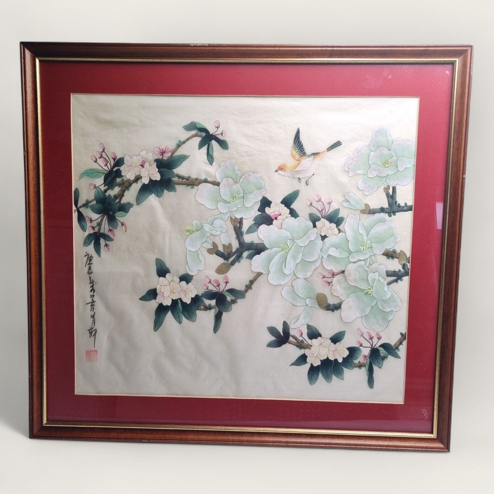 Chinese Silk Water Colour Painting Sichouhua Sparrow Blossom Framed Vintage