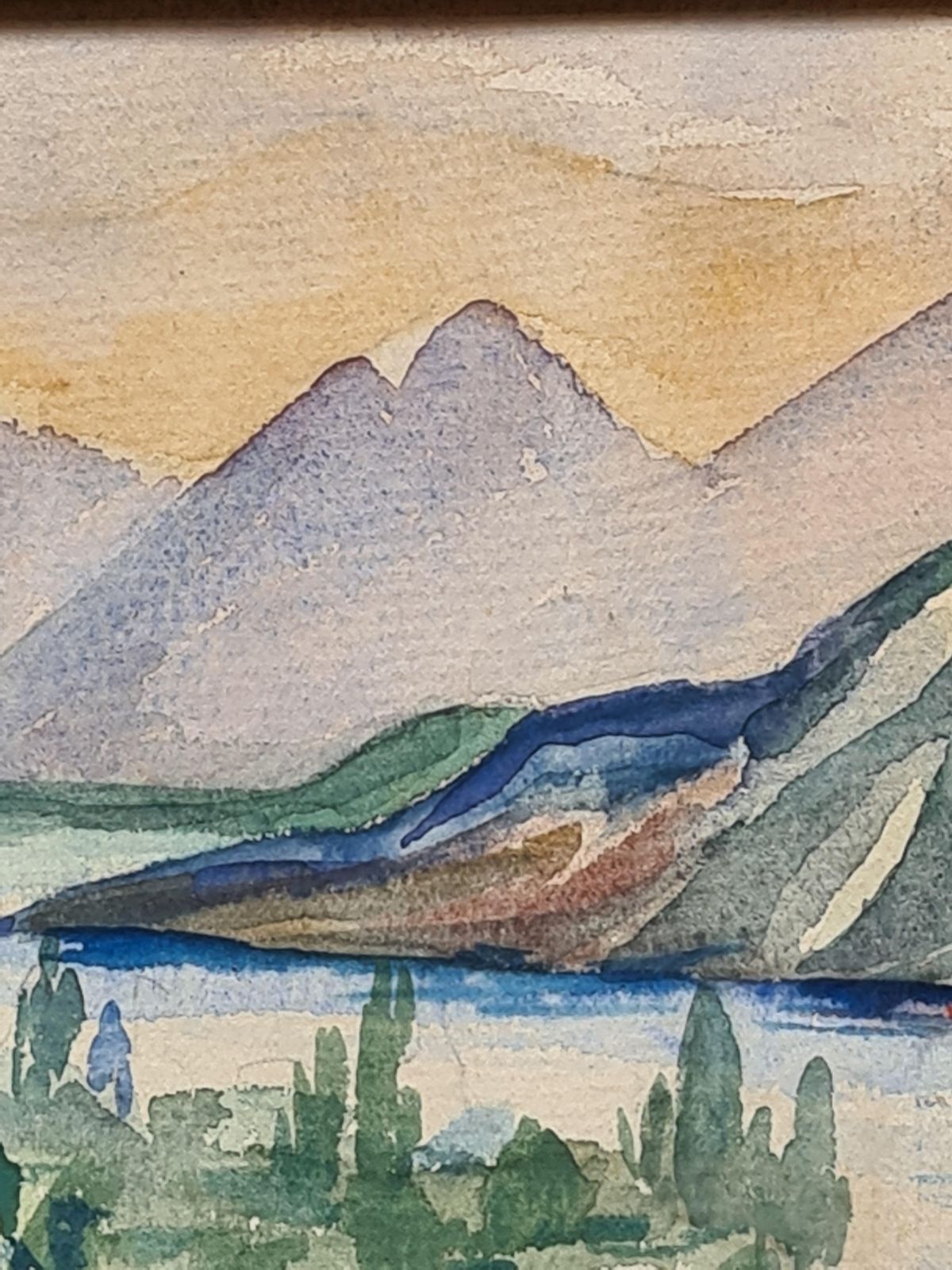 Landscape Watercolour, Lake And View To The Mountains By Nano photo vintage