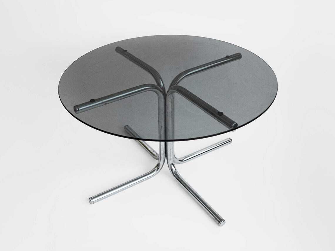 Vintage Round Coffee Table Black Glass Chrome Legs Modernist Space Age Design Mid Century Home Decor 1970s photo Furniture