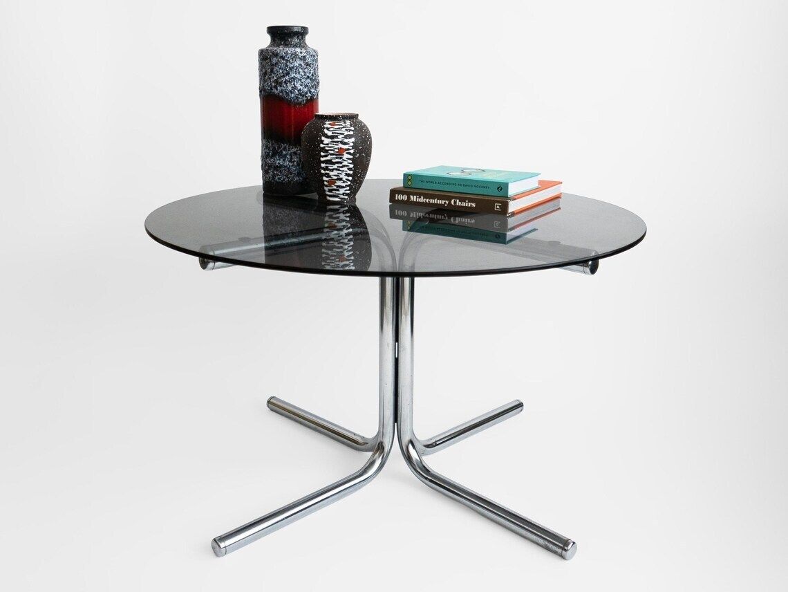 Vintage Round Coffee Table Black Glass Chrome Legs Modernist Space Age Design Mid Century Home Decor 1970s photo buy
