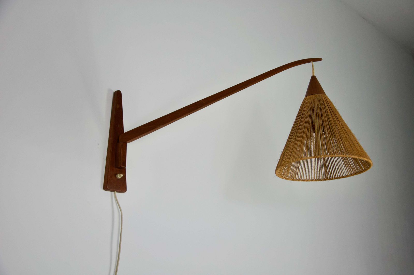 Mid Century Teak And Rattan Swing Arm Wall Lamp By Temde, Swiss, 1960s photo furniture
